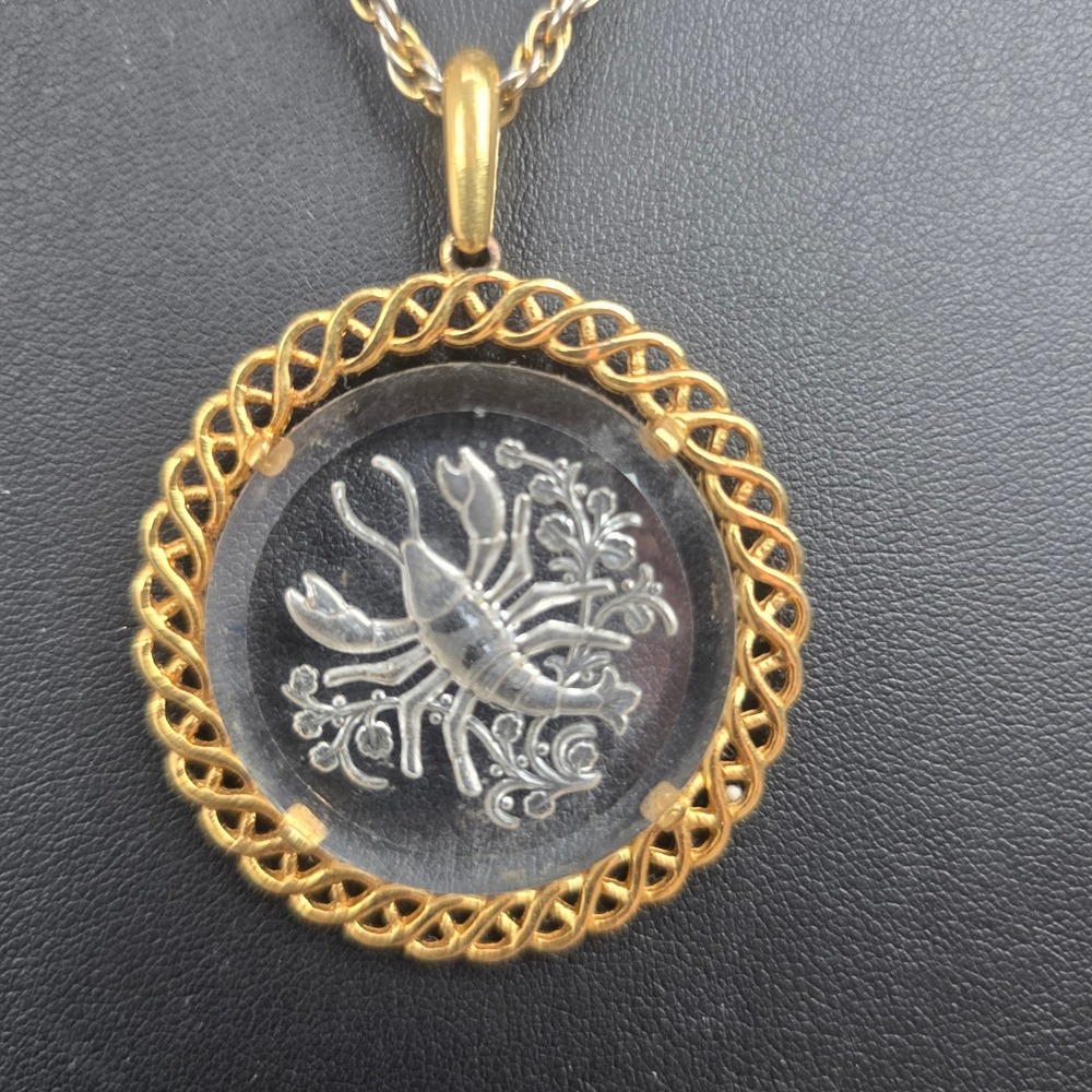 Trifari Vintage Cancer Zodiac Necklace Gold Silver Tone Intaglio Lobster Pendant